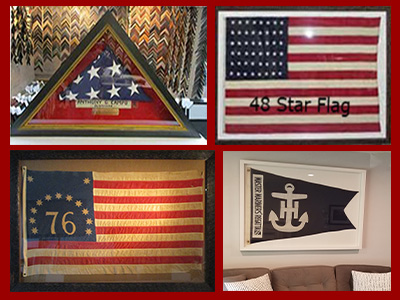 We frame flags of any kind and shape. We make custom triangle flag boxes for military flags.