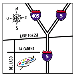 Exit the 5 Freeway at Lake Forest in the opposite direction of the Mountains.
    Travel 1 block toward Moulton and turn Left at the shell station. Go 2 long blocks into the Industrial Park - You will see the Red Sigh of our building on the left.